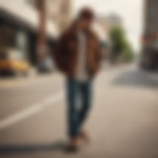 A stylish skateboarder showcasing a brown corduroy jacket in an urban environment