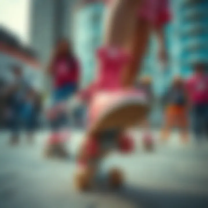 A group of skaters showcasing their pink Impala skates in an urban environment