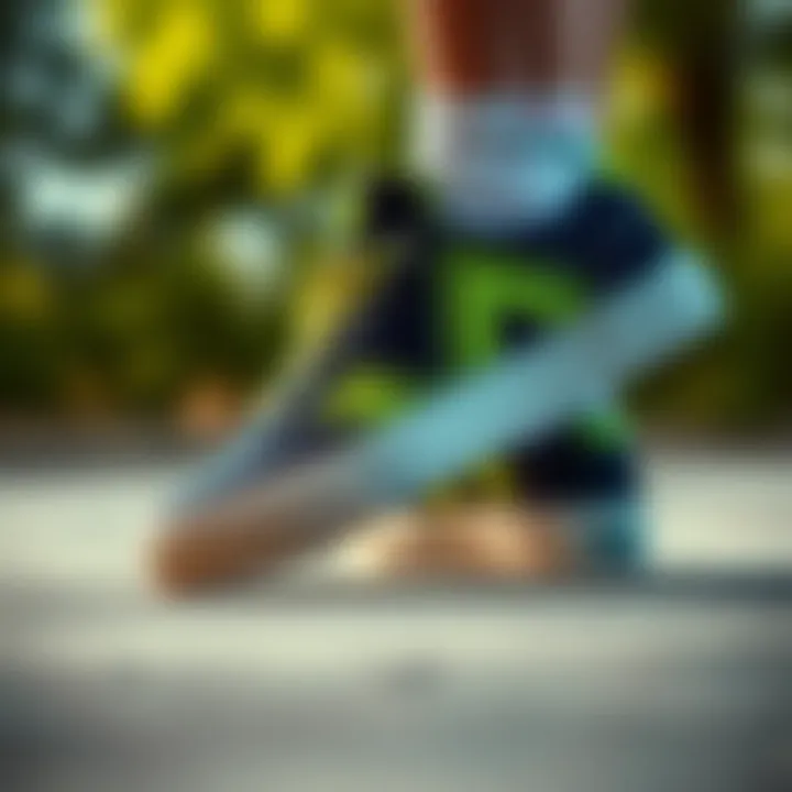 Close-up of lime shoes with unique design