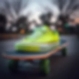 Lime shoes showcased on a skateboard