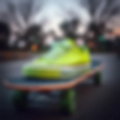 Lime shoes showcased on a skateboard