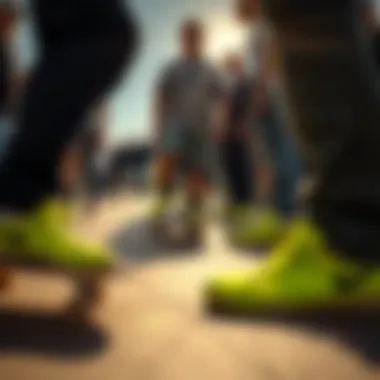 Group of skateboarders wearing lime shoes