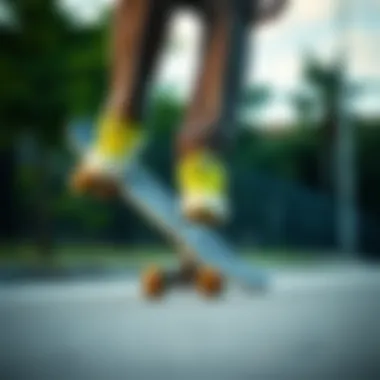Skateboarder performing a trick in lime shoes