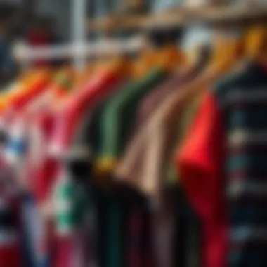 Diverse Styles in Recycled Cotton Fashion A vibrant collection of t-shirts made from recycled materials displayed on hangers.