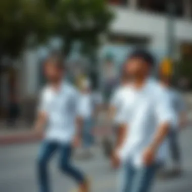 Skaters in Action with Button-Up Shirts A group of skaters wearing plain white button-up shirts during a skate session in an urban setting.