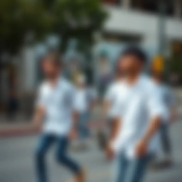 Skaters in Action with Button-Up Shirts A group of skaters wearing plain white button-up shirts during a skate session in an urban setting.