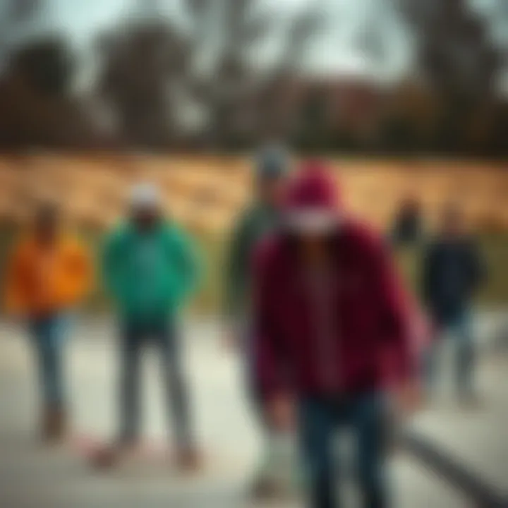 A group of skateboarders wearing zip hoodies in a skate park