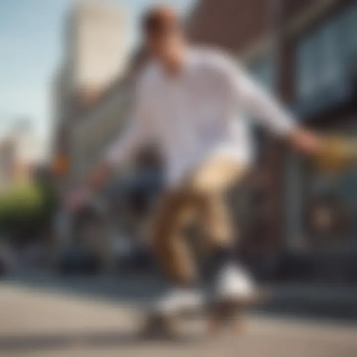 Skateboarder in action wearing the white button-down shirt