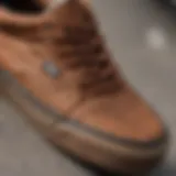 Close-up of Vans brown laces on a skateboard shoe