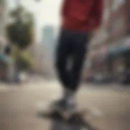 Stylish black sweatpants with pockets in a skateboarding setting