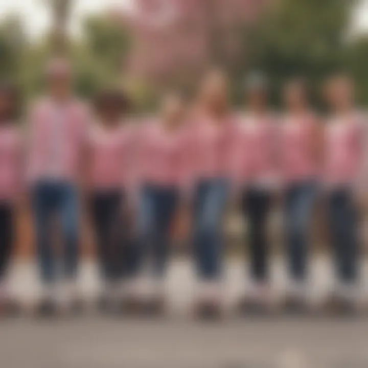 A group of skaters showcasing their unique styles, highlighting the pink knit vest