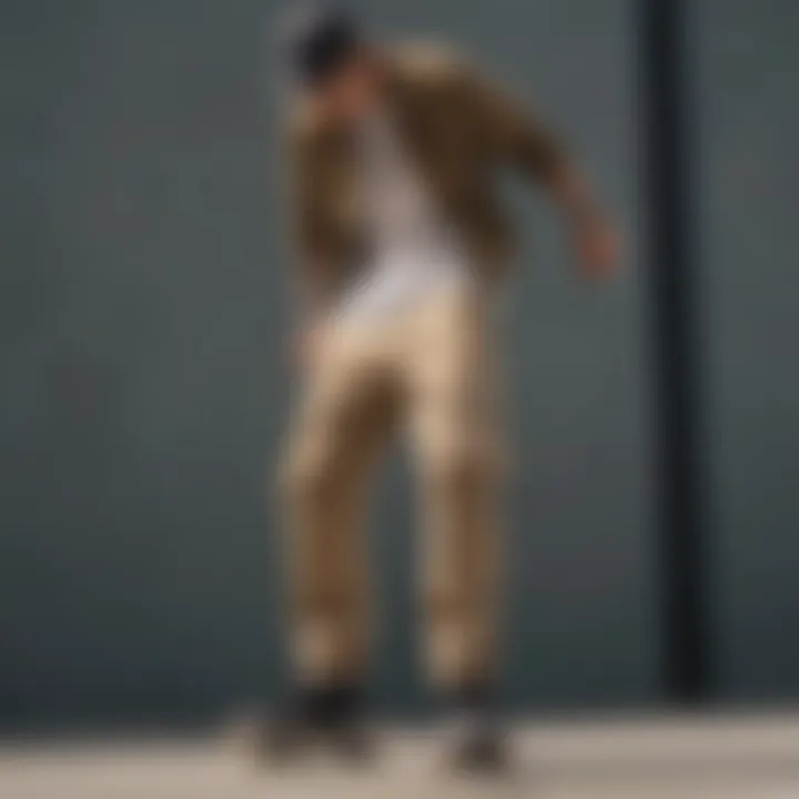 Skateboarder wearing Dickies cargo pants while performing a trick