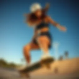 A dynamic shot of a female skateboarder showcasing her black lounge shorts during a trick