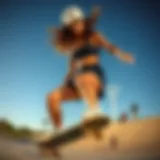 Female Skateboarder in Action A dynamic shot of a female skateboarder showcasing her black lounge shorts during a trick