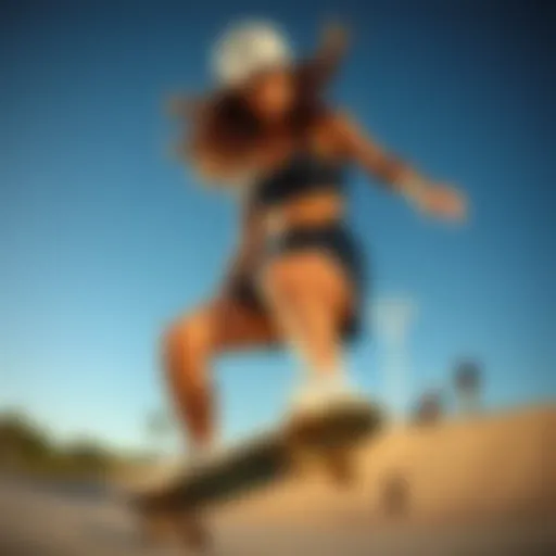 Female Skateboarder in Action A dynamic shot of a female skateboarder showcasing her black lounge shorts during a trick