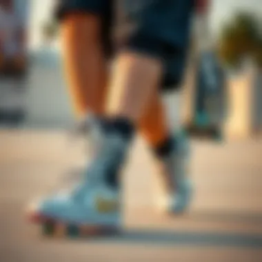 Stylish Skate Attire Details Close-up of black lounge shorts paired with stylish skate shoes and accessories