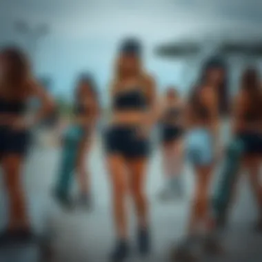 Diverse Styles in Skate Culture A group of female skateboarders wearing diverse styles of black lounge shorts at a skate park