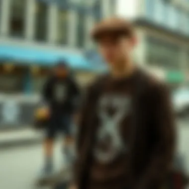 Skaters showcasing dark brown shirts in urban setting