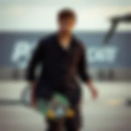 Stylish dark brown shirt paired with skateboards