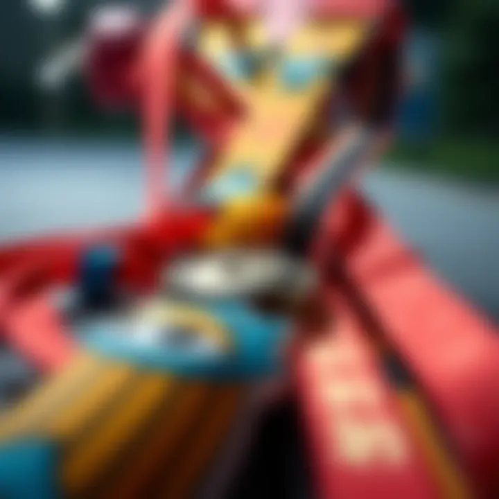 Close-up of colorful elastic lanyards with unique designs