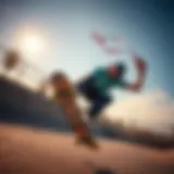 Dynamic skateboarder showcasing elastic lanyard during a trick