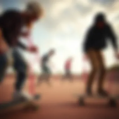 Group of skaters using elastic lanyards creatively