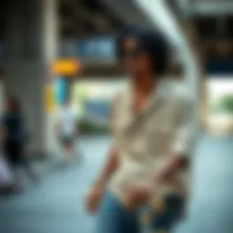 Skateboarder wearing a khaki shirt in an urban setting