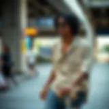 Urban Vibes: Khaki in Skateboarding Skateboarder wearing a khaki shirt in an urban setting