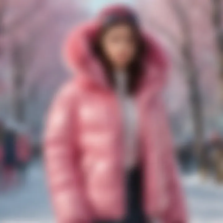 Fashionable outfit featuring a pink puffer jacket paired with winter accessories