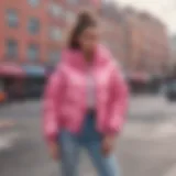 Stylish pink puffer jacket showcased against a trendy urban backdrop