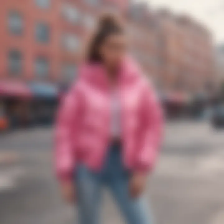 Stylish pink puffer jacket showcased against a trendy urban backdrop