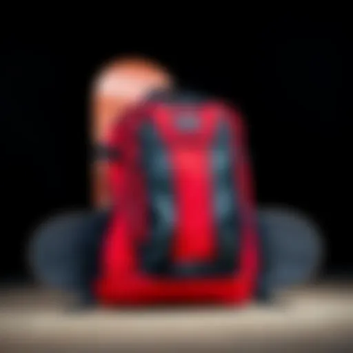A striking red and black backpack resting against a skateboard