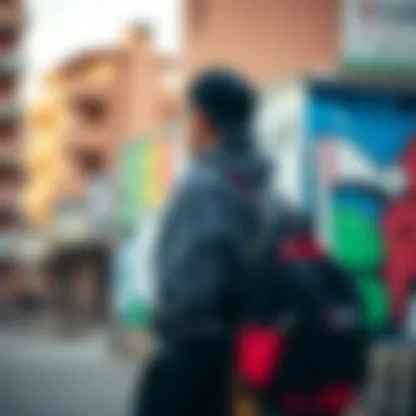Skateboarder with Red and Black Backpack Skateboard enthusiast showing off their red and black backpack in an urban environment