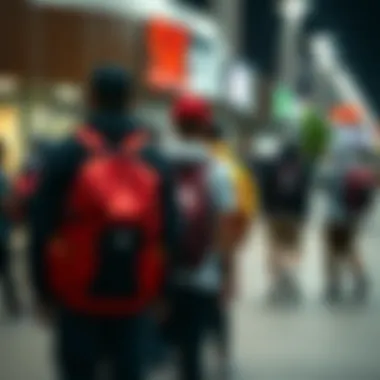 Group of Skaters with Backpacks Group of skaters displaying various styles of red and black backpacks