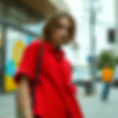 Casual look featuring a red button-up shirt with denim