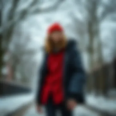 Layered outfit showcasing a red button-up shirt in a winter setting