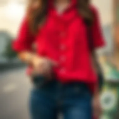 Red button-up shirt paired with accessories for a trendy outfit