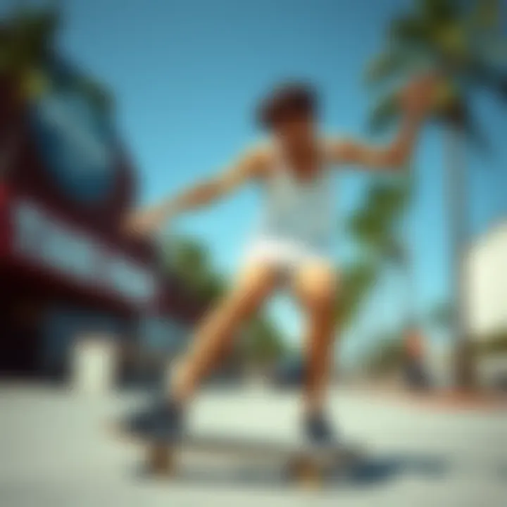 Action Shot: Skateboarding in Style A skateboarder performing tricks while wearing a white spaghetti strap tank top