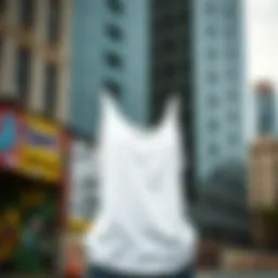 A stylish white spaghetti strap tank top displayed against an urban backdrop