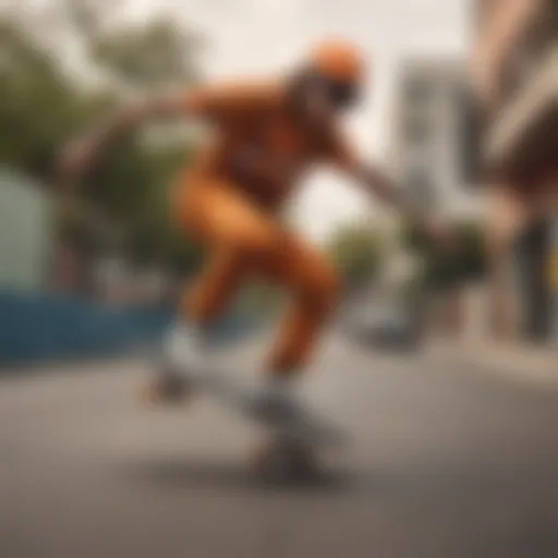 A skateboarder wearing orange camo pants performing a trick