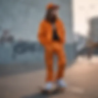 Orange camo pants displayed in a stylish urban setting