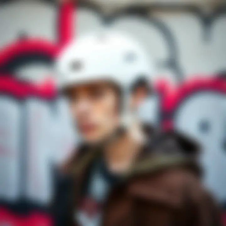Fashion Statement with White Skateboard Helmet Fashionable skateboarder posing with a white helmet against urban graffiti