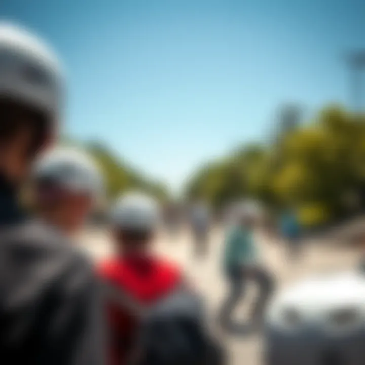 Skate Park Activity with White Helmets A vibrant skate park scene with skateboarders wearing white helmets