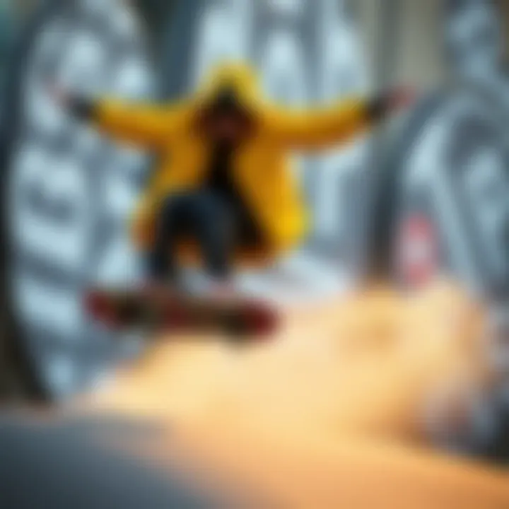 Skate Culture and Fashion Fusion Skateboarder wearing a yellow puff coat while performing a trick