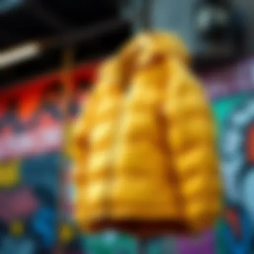 Urban Style Meets Functionality A stylish yellow puff coat hanging against a vibrant urban backdrop