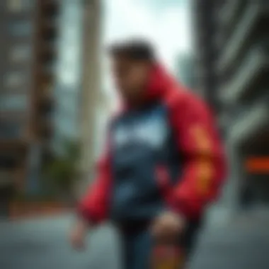 A skateboarder wearing a Thrasher jacket in an urban environment, highlighting its cultural significance.