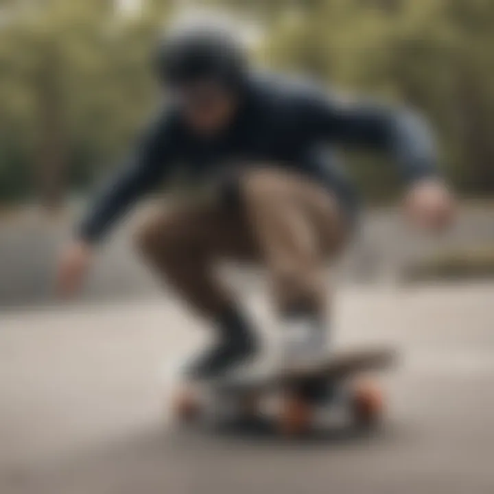 A skateboarder wearing a certified helmet while performing a trick.