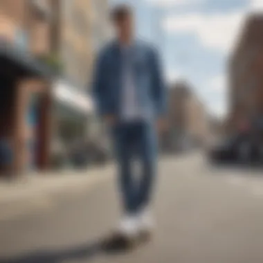 Model wearing Topman mid wash slim tapered jeans in an urban setting, demonstrating their versatility.