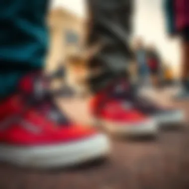 Close-up of trendy sneakers worn by skaters on the street