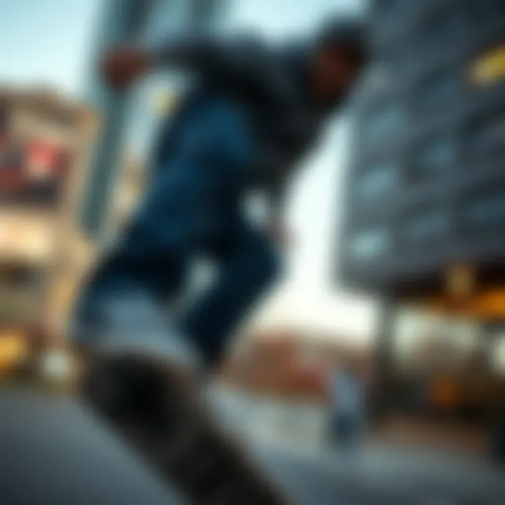 Skateboarder wearing Tripp NYC jeans in an urban setting